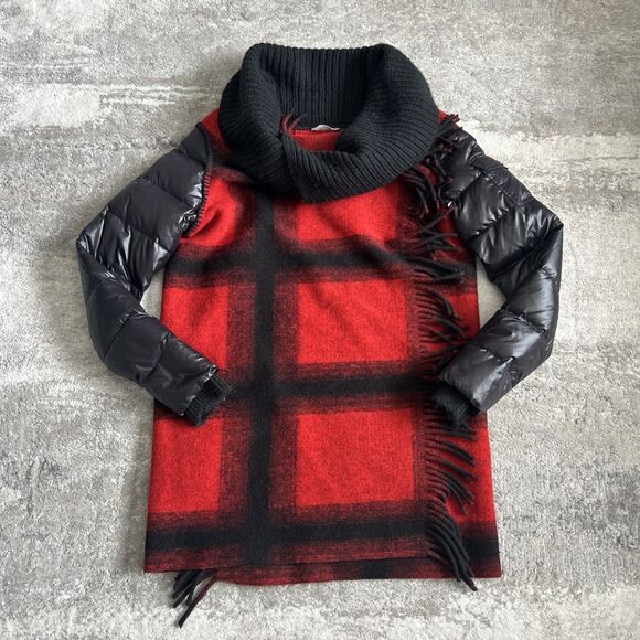 Sosken Jacket Womens Small Wool Blend Collared Buffalo Plaid Fringe Down Sleeves - Picture 1 of 12